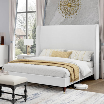 Queen Bed Frame Linen Upholstered 51.2" Tall Headboard, White