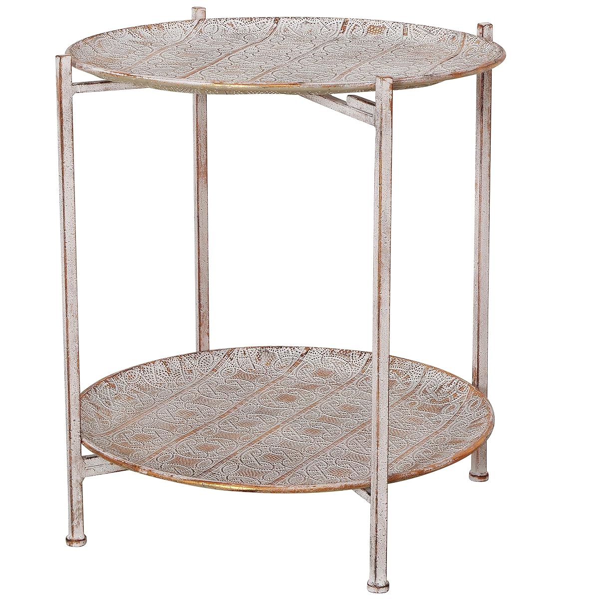 Moroccan Metal Side Table, Intricate Pattern, Removable Lattice Trays, Foldable, Antique Champagne Gold with White Patina, Distressed Finish, 20 Inches Tall