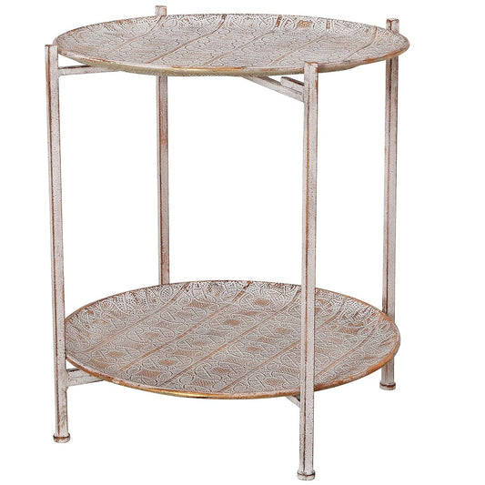 Moroccan Metal Side Table, Intricate Pattern, Removable Lattice Trays, Foldable, Antique Champagne Gold with White Patina, Distressed Finish, 20 Inches Tall