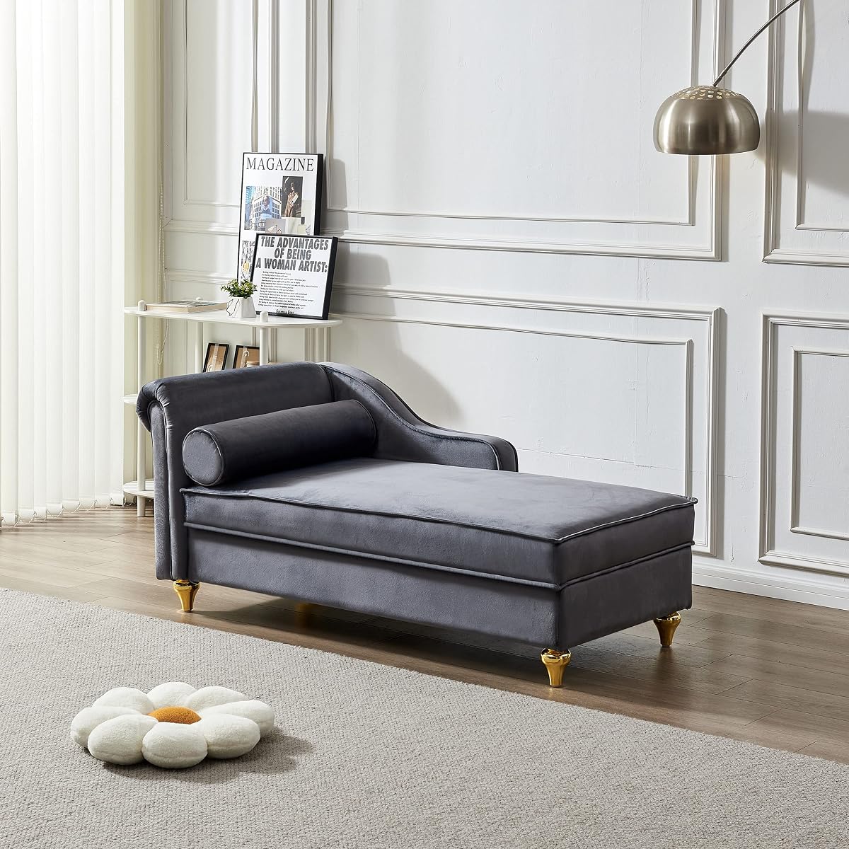 Modern Upholstery Chaise Lounge Chair with Storage Velvet (Grey)