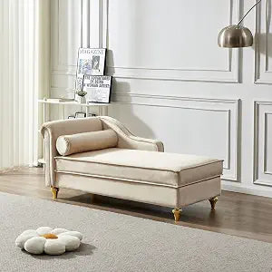 Modern Upholstery Chaise Lounge Chair with Storage Velvet (Beige), view 2
