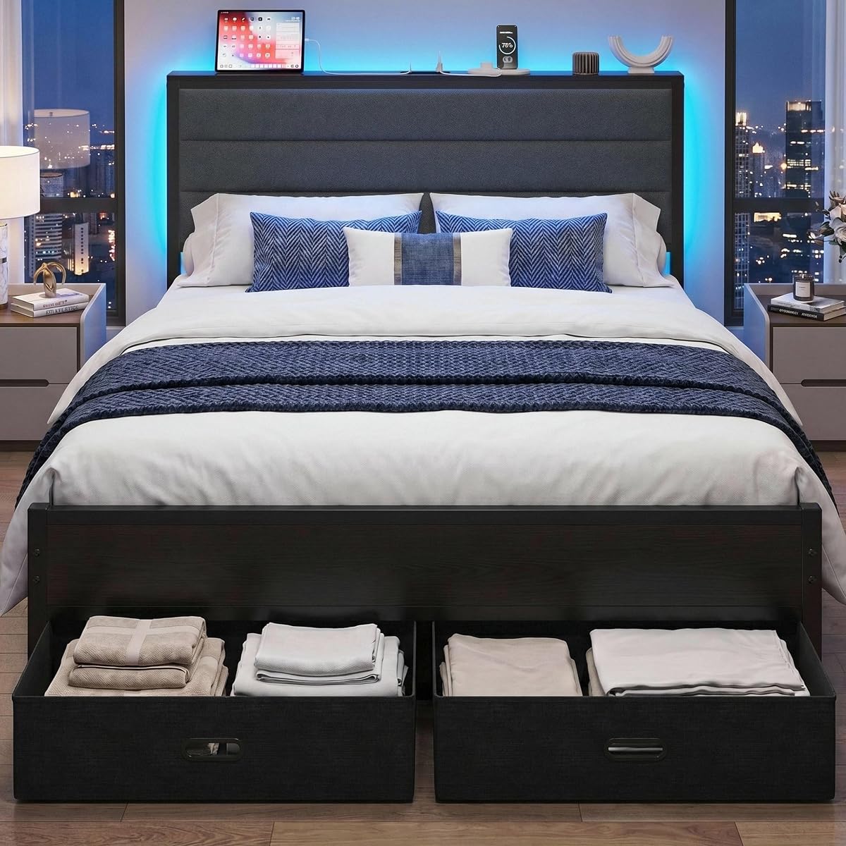 Queen Size Bed Frame with 2 Storage Drawers, Upholstered Headboard