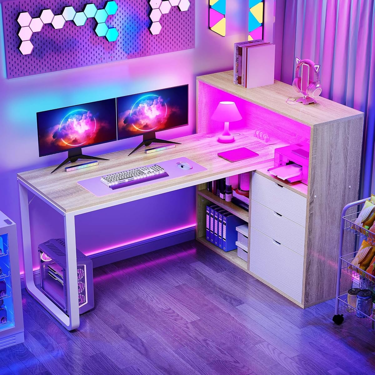 55" L Shaped Corner Desk with Bookshelf, Power & LED, Oak White
