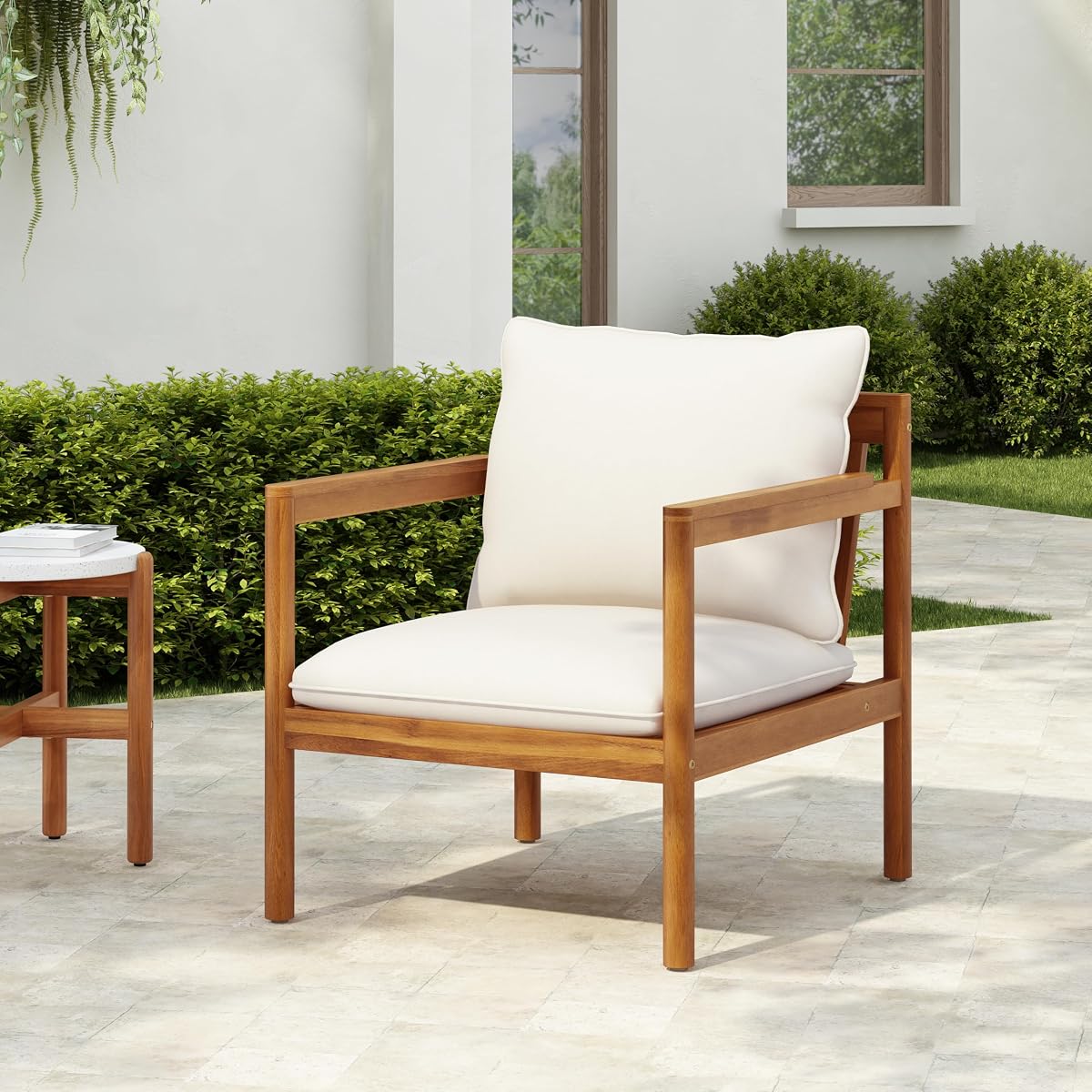 Krixi Acacia Wood Lounge Chair Outdoor with Rope Accent, Accent Chair with Water-Repellent Cushions, Comfy Chairs for Garden/Backyard, Heavy Duty Patio Furniture, Teak + Cream
