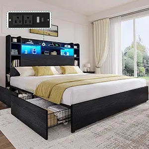 King Size Bed Frame, 51" Tall Bookcase Headboard and 4 Storage Drawers, view 2