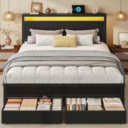 Wooden Queen Bed Frame with Storage and Charging Station
