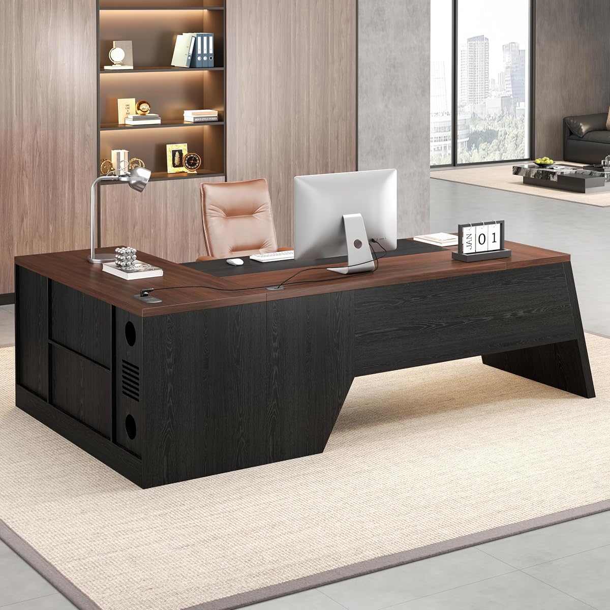78-Inch L-Shaped Executive Desk with Drawer, Walnut Brown Black