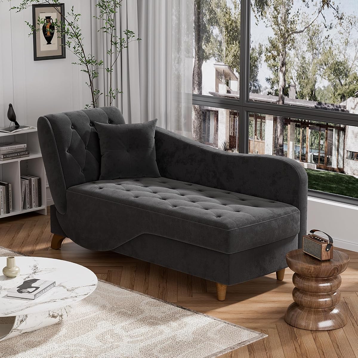 Indoor Velvet Chaise Lounge Chair with Storage for Living Room, Black