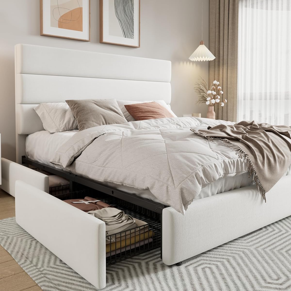 Modern Queen Size Platform Bed Frame with 4 Storage Drawers