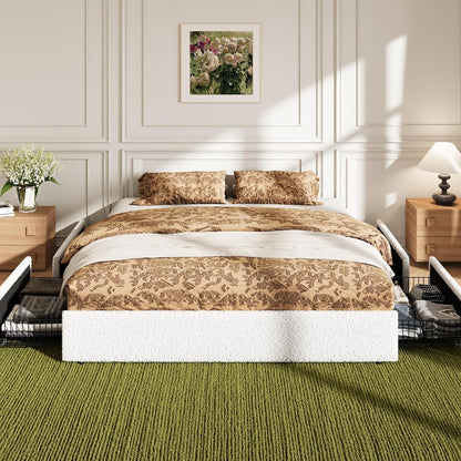 King Size Bed Frame with 4 Oversized Storage Drawers, Soft Teddy Fabric