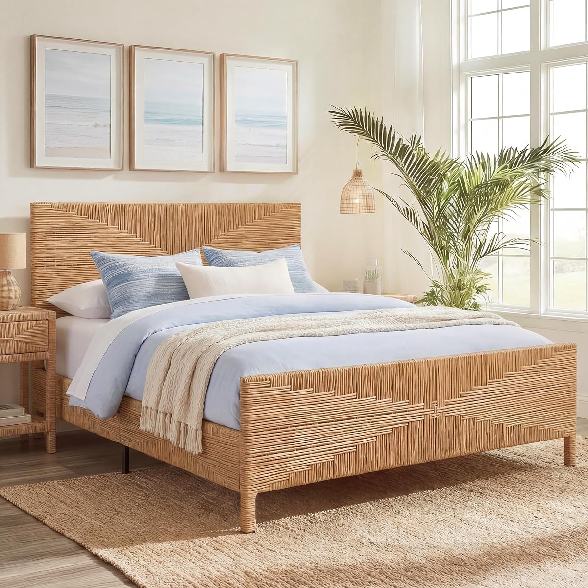 Boho Full Rattan Bed Frame with Headboard and Footboard, Hand Woven PE Wicker Bed, Mid Century Modern Metal Bedframe with Bamboo Style Design, Sturdy Metal Slats, 1000lbs, No Box Spring Needed
