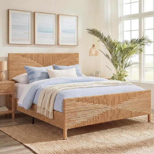 Boho Full Rattan Bed Frame with Headboard and Footboard