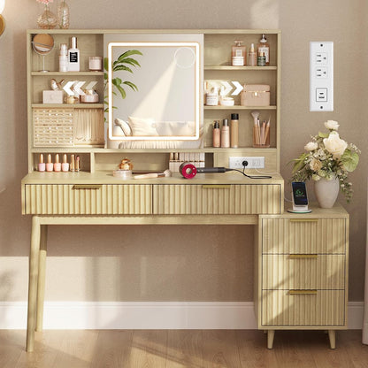 VASAGLE Fluted Vanity Desk with Sliding Mirror and Lights, 5 Drawers