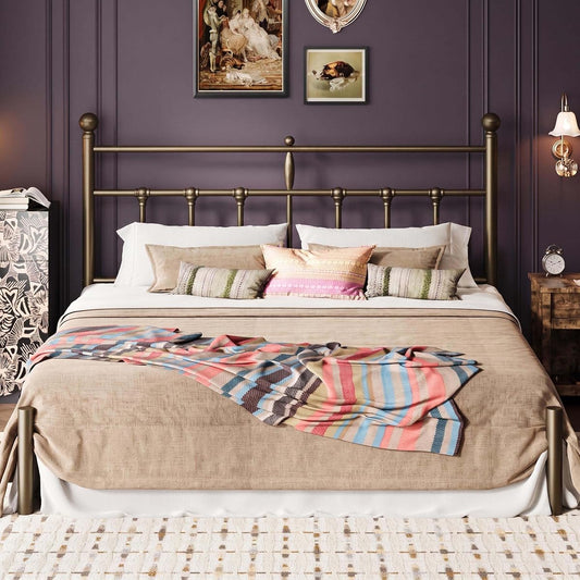 King Size Metal Platform Bed Frame with Victorian Vintage Headboard/Under Bed