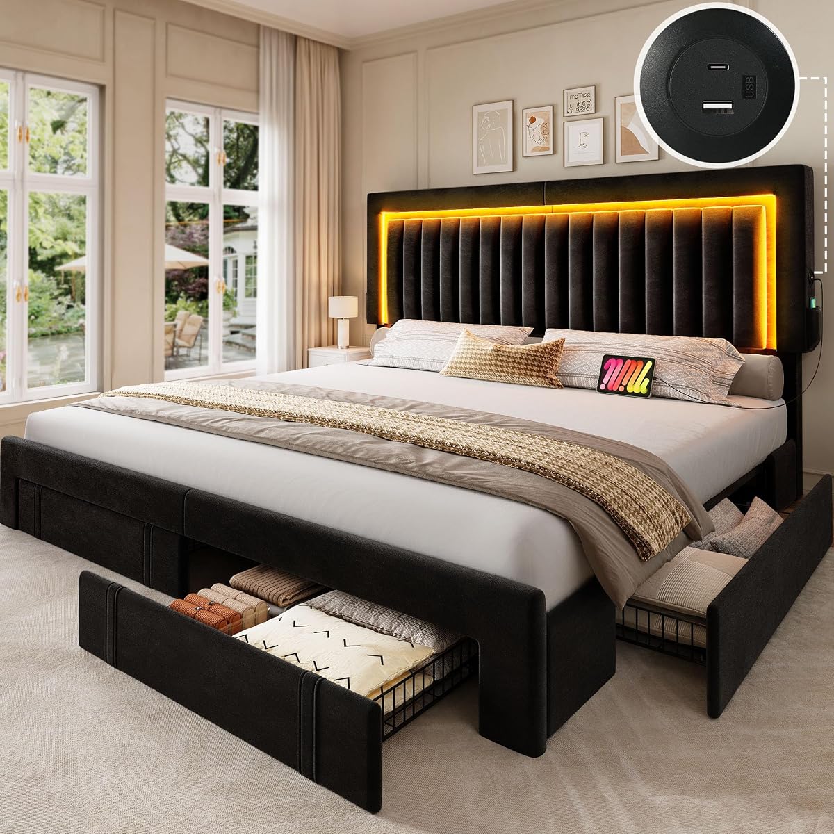 King Size Bed Frame with Adjustable Headboard & 4 Storage Drawers