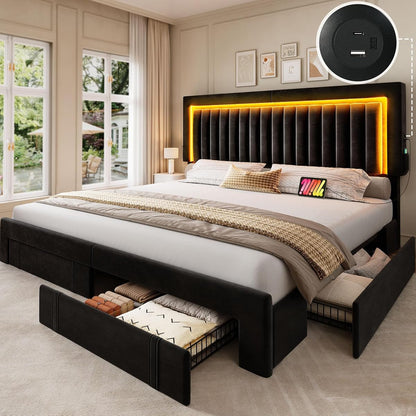 King Size Bed Frame with Adjustable Headboard & 4 Storage Drawers