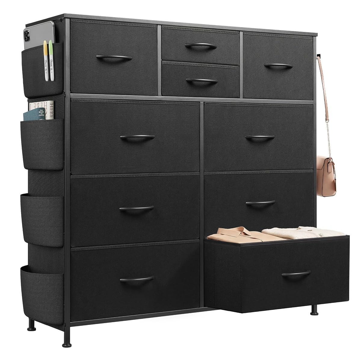 10 Drawer Black Fabric Dresser for Bedroom, Side Pocket & Hooks Chest