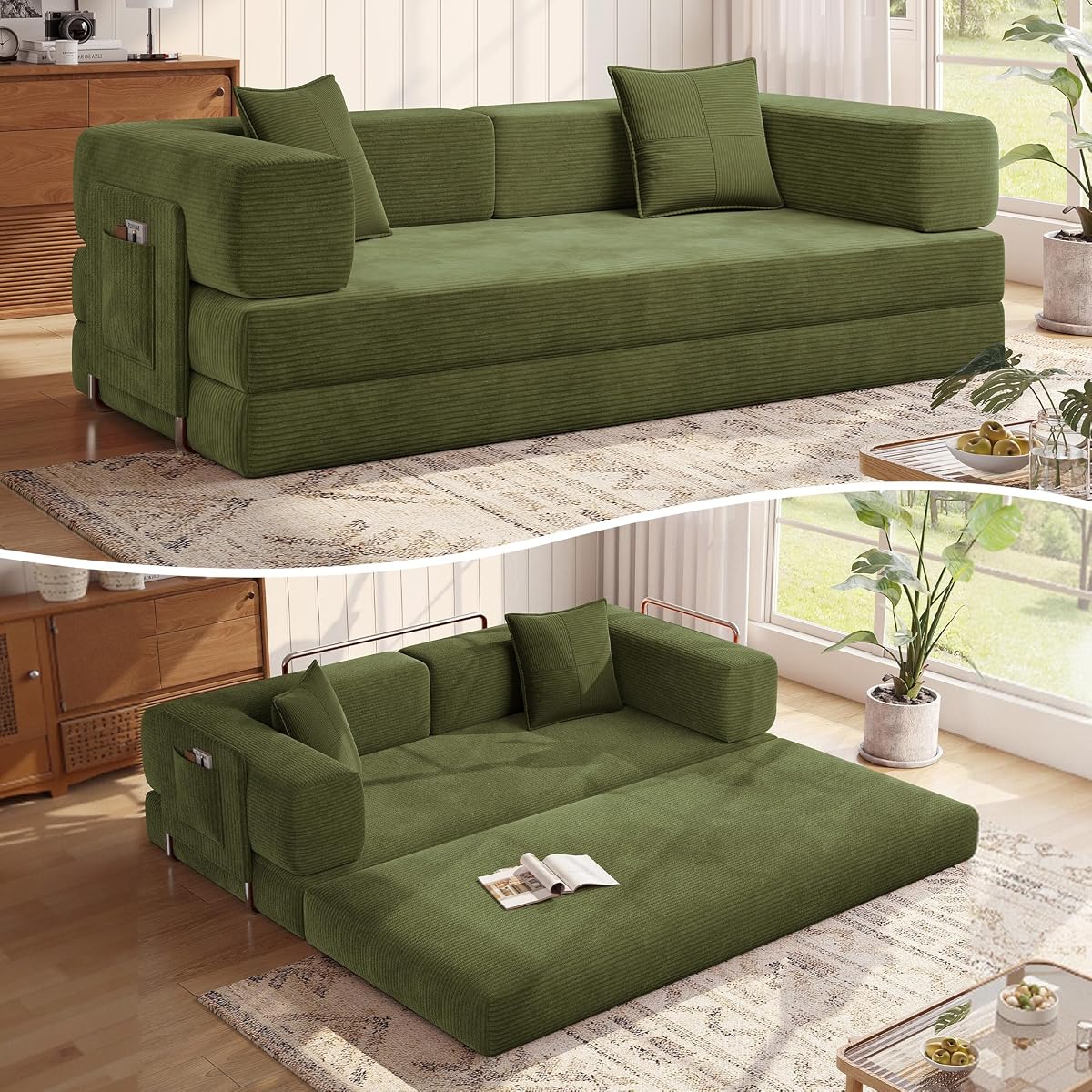 78.8''Sleeper Couch Bed for Livingroom,Convertible Modular Sofa with Armrest Pillow,Modular Foldable Corduroy Couches in a Box,No Assembly (Green)