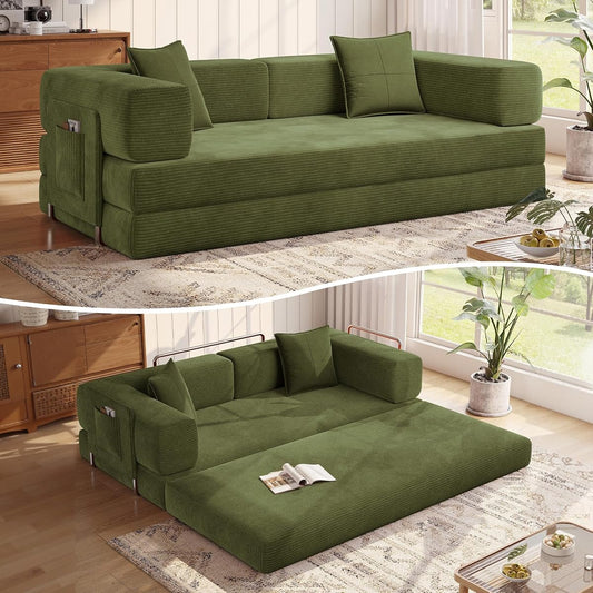 78.8''Sleeper Couch Bed for Livingroom,Convertible Modular Sofa with Armrest Pillow,Modular Foldable Corduroy Couches in a Box,No Assembly (Green)