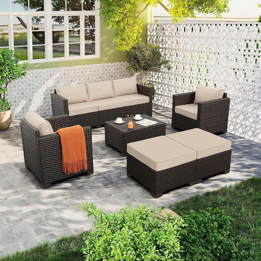6 Pieces Patio Outdoor Furniture Outdoor Conversation Sets Wicker Sofa Set with Outdoor Couch Patio Chairs Storage Coffee Table Khaki Cushions Waterproof Covers
