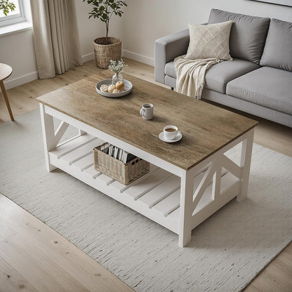 Farmhouse Coffee Table, Coffee Tables for Living Room, Farmhouse Square Coffee Table with Storage, Couch Table, Small Tables for Small Spaces, Gray & White