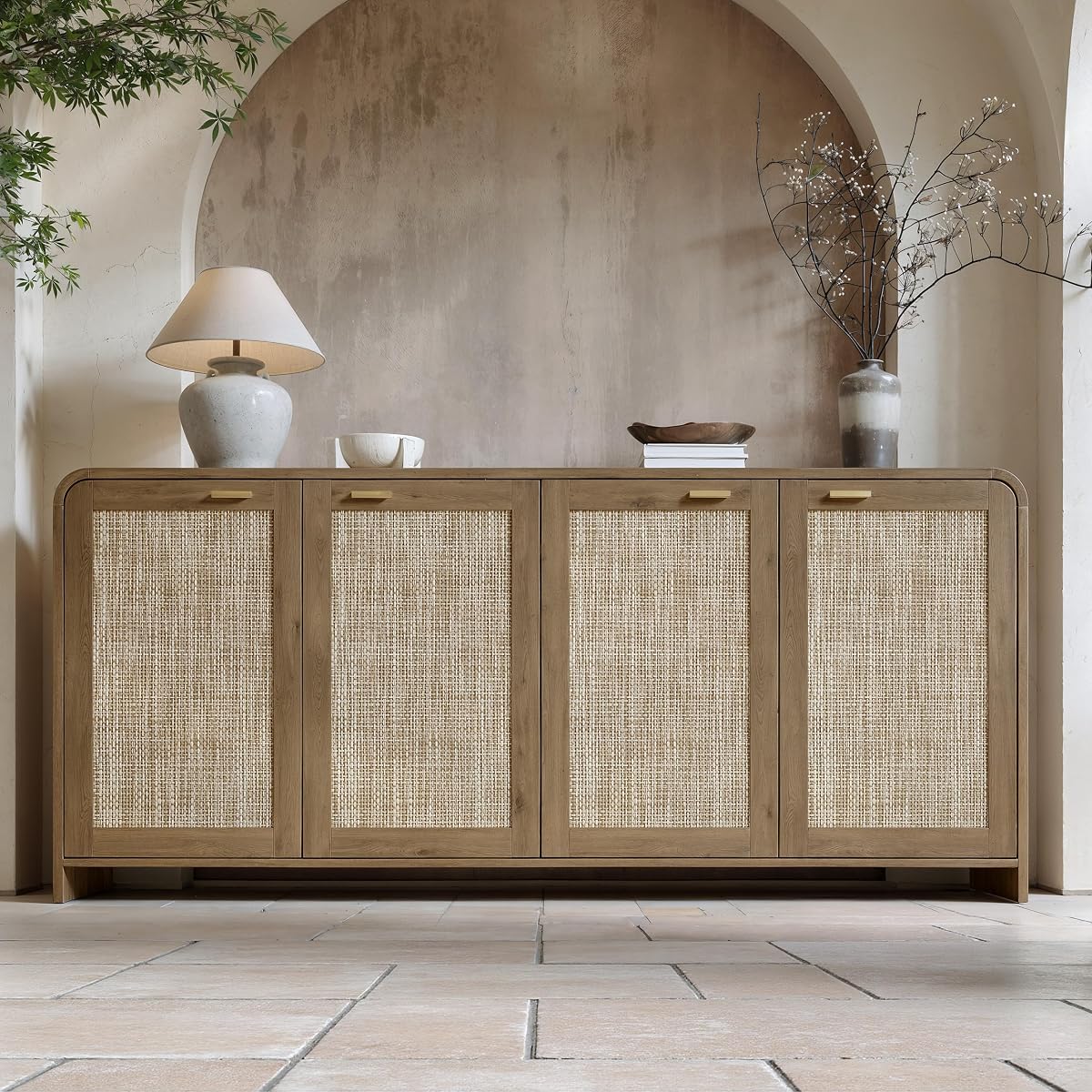 67" Rattan Sideboard Buffet Cabinet with Storage, Caramel Oak