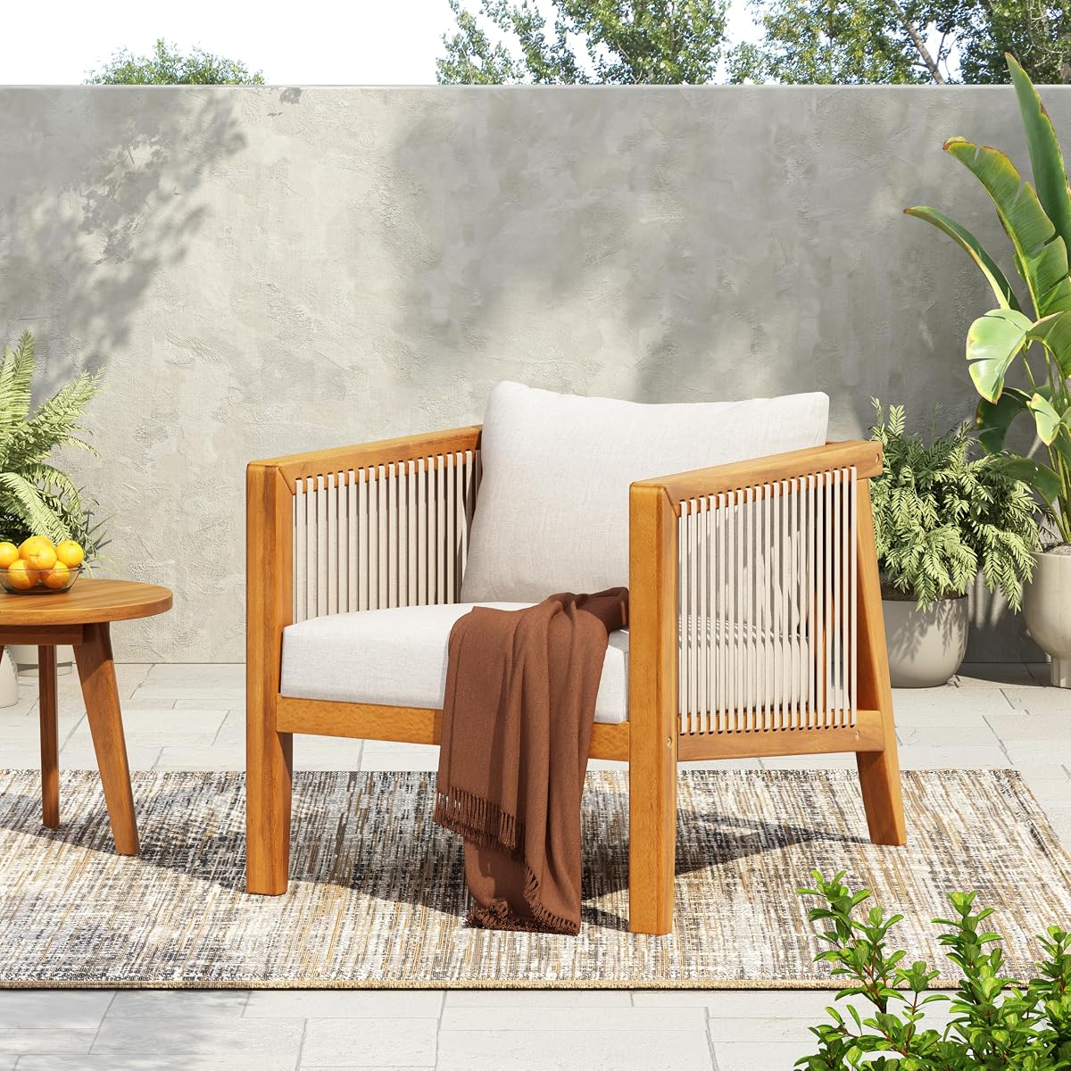Silas Acacia Wood Lounge Chair Outdoor with Removable Cushion, Wooden Patio Accent Chair with Woven Rope Details, Outdoor Armchair for Patio Furniture Set, Teak+Beige