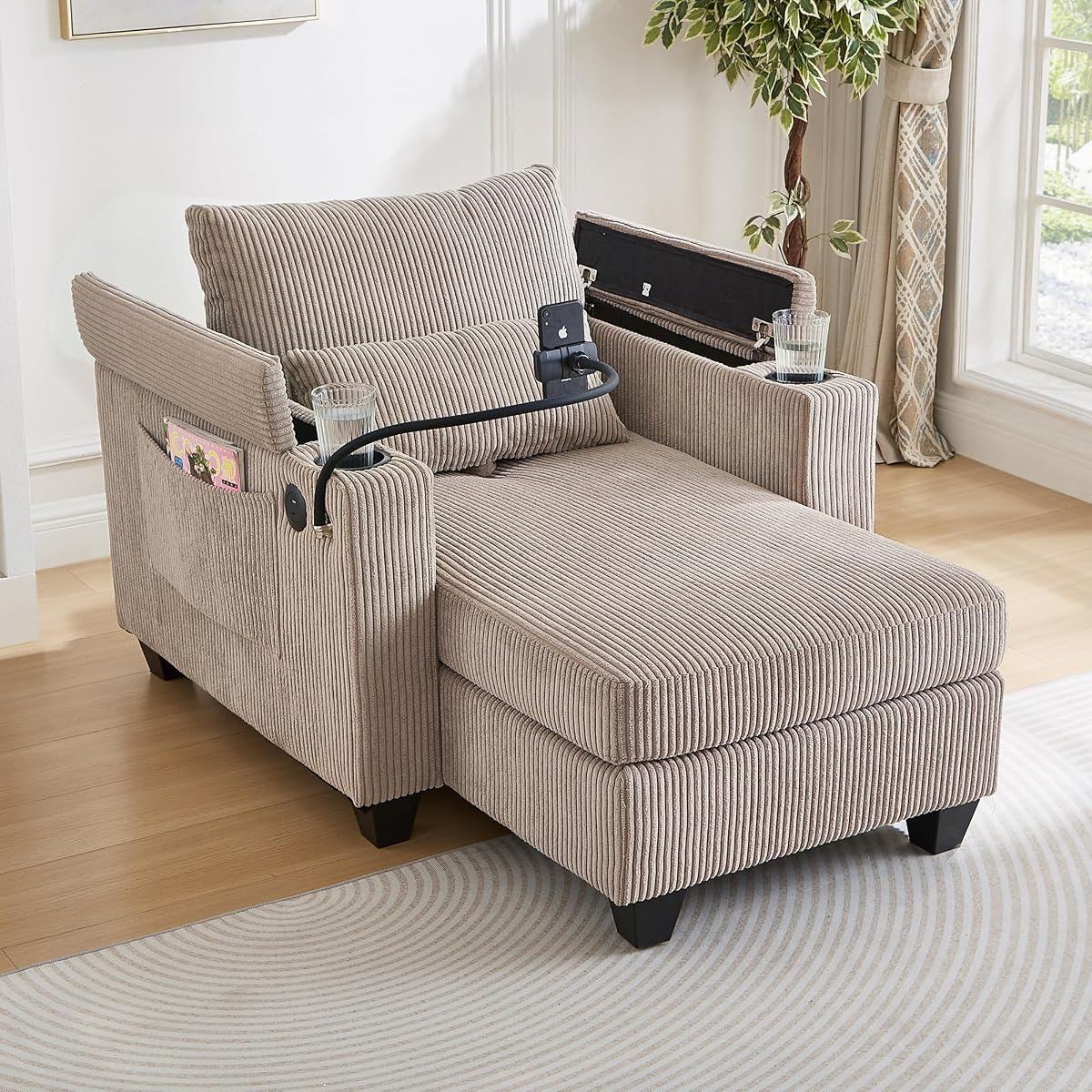 Modern 37.4" Upholstered Indoor Chaise Lounge with USB Ports