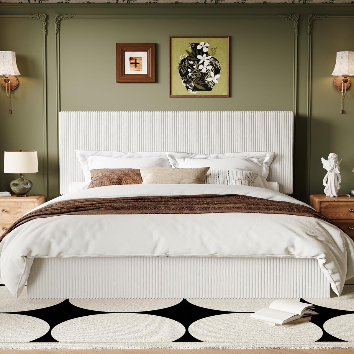 White Adjustable Corduroy King Bed Frame