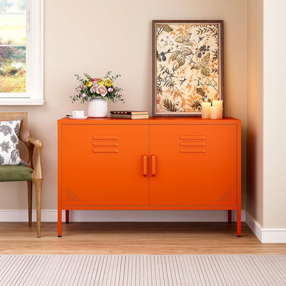 Orange Metal Storage Cabinet with Doors and Shelves