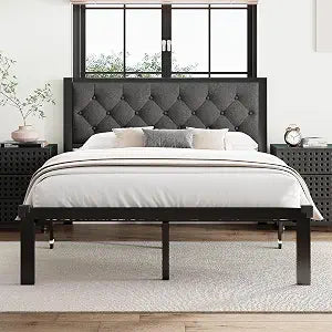 Queen Size Bed Frame with Linen Upholstered Headboard, view 2