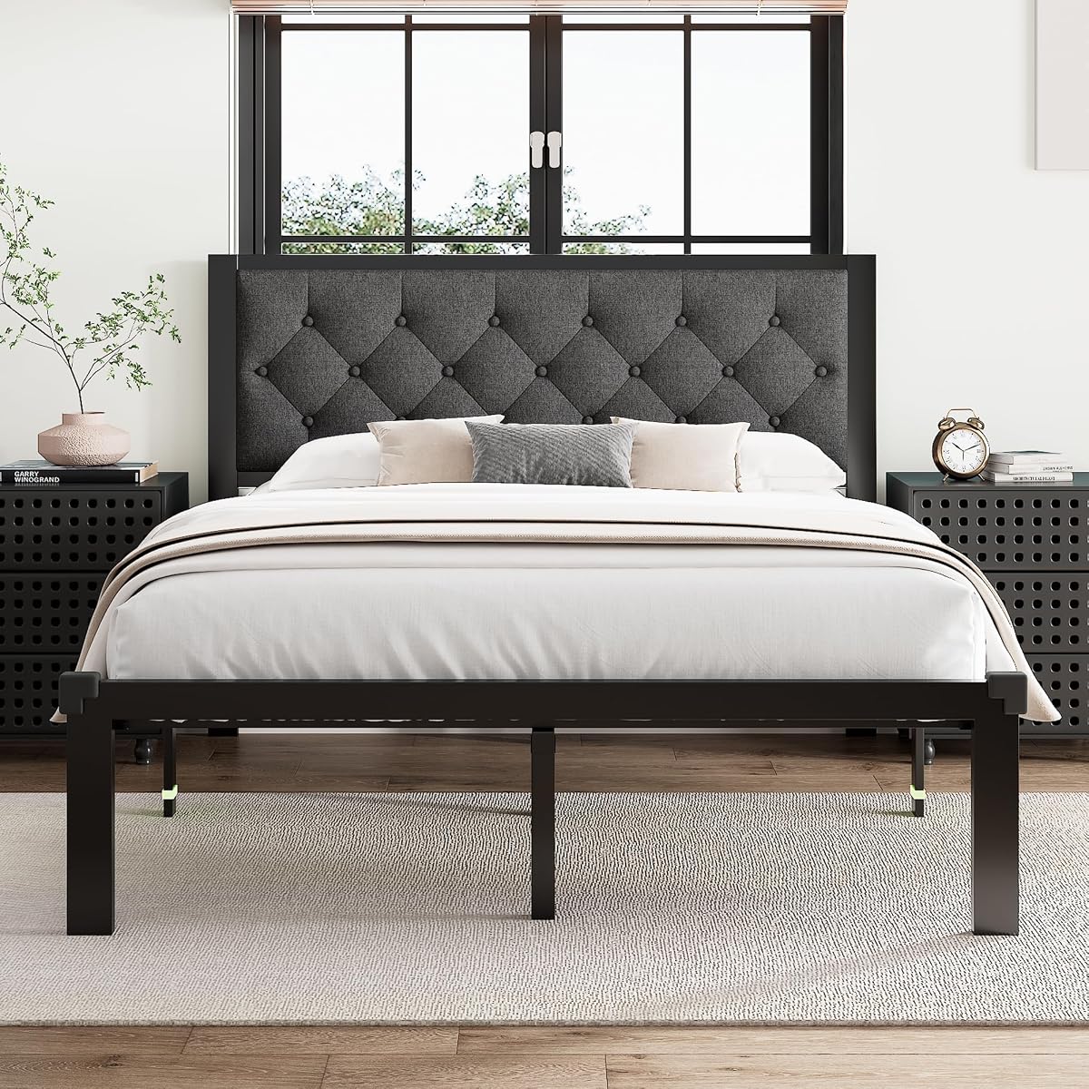 Queen Size Bed Frame with Linen Upholstered Headboard