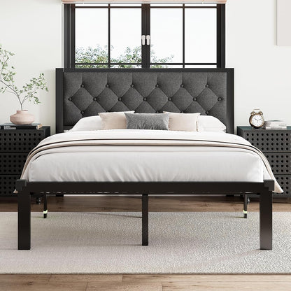 Queen Size Bed Frame with Linen Upholstered Headboard