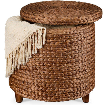 Best Choice Products 17" Round Storage Ottoman W/Lid, Handwoven Water Hyacinth Footstool, Footrest w/Wooden Legs, Accent Side Table, Storage Container, Plant Stand - Chestnut