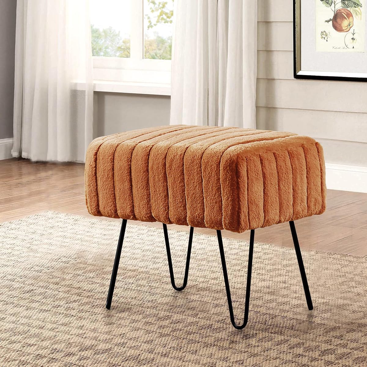 Super Mink Faux Fur Orange Ottoman Bench, 19" x 13" x 17" H, Honey Ginger, Living Room Foot Rest Stool Entryway Makeup Bench End of Bed Bedroom Home Decor Chair for Sitting