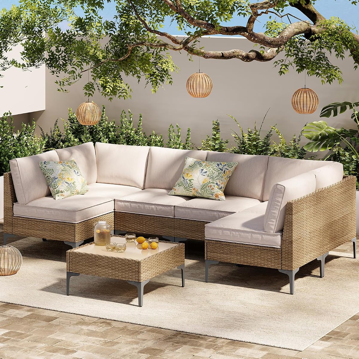 7-Piece Patio Furniture Set, Outdoor Wicker Sectional Sofa with Coffee Table, Anti-Slip & Thick All-Weather Cushions for Party,Garden,Backyard, Beige
