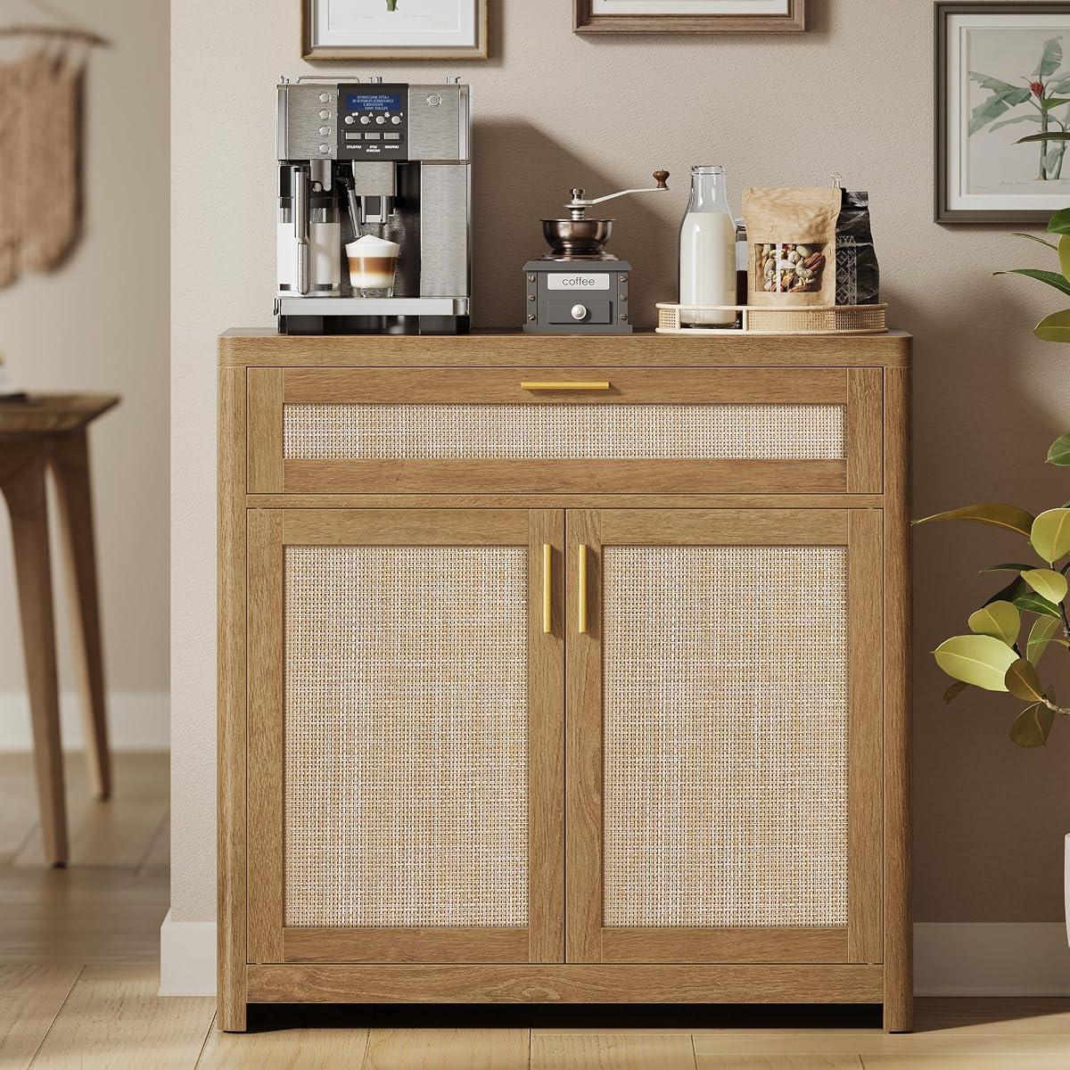 VASAGLE Boho Buffet Cabinet with Rattan-Look Doors, Adjustable Shelf
