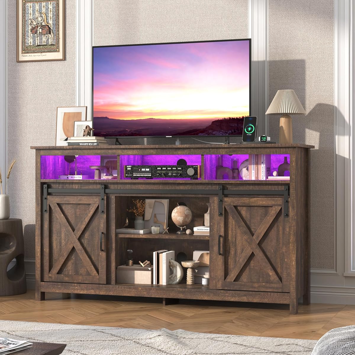 Farmhouse TV Stand for 65 Inch TV with Power Outlet