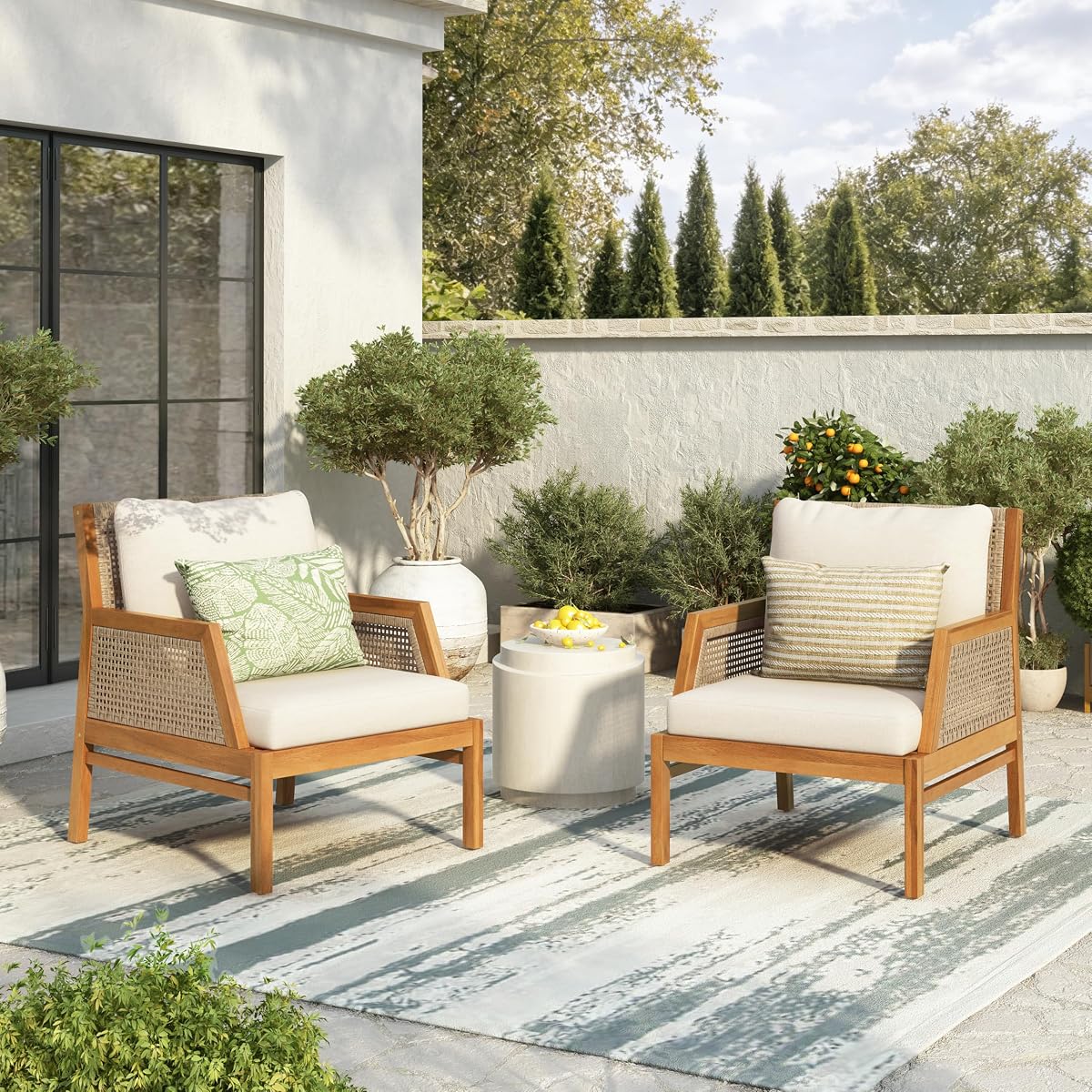 Zura Set of 2 Bohemian Acacia Wood Patio Accent Chair, Lounge Chair Outdoor Set with Wicker Accent, Patio Furniture Single Sofa with Water-Repellent Cushions, Teak+Beige