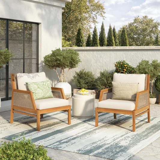 Zura Set of 2 Bohemian Acacia Wood Patio Accent Chair, Lounge Chair Outdoor Set with Wicker Accent, Patio Furniture Single Sofa with Water-Repellent Cushions, Teak+Beige