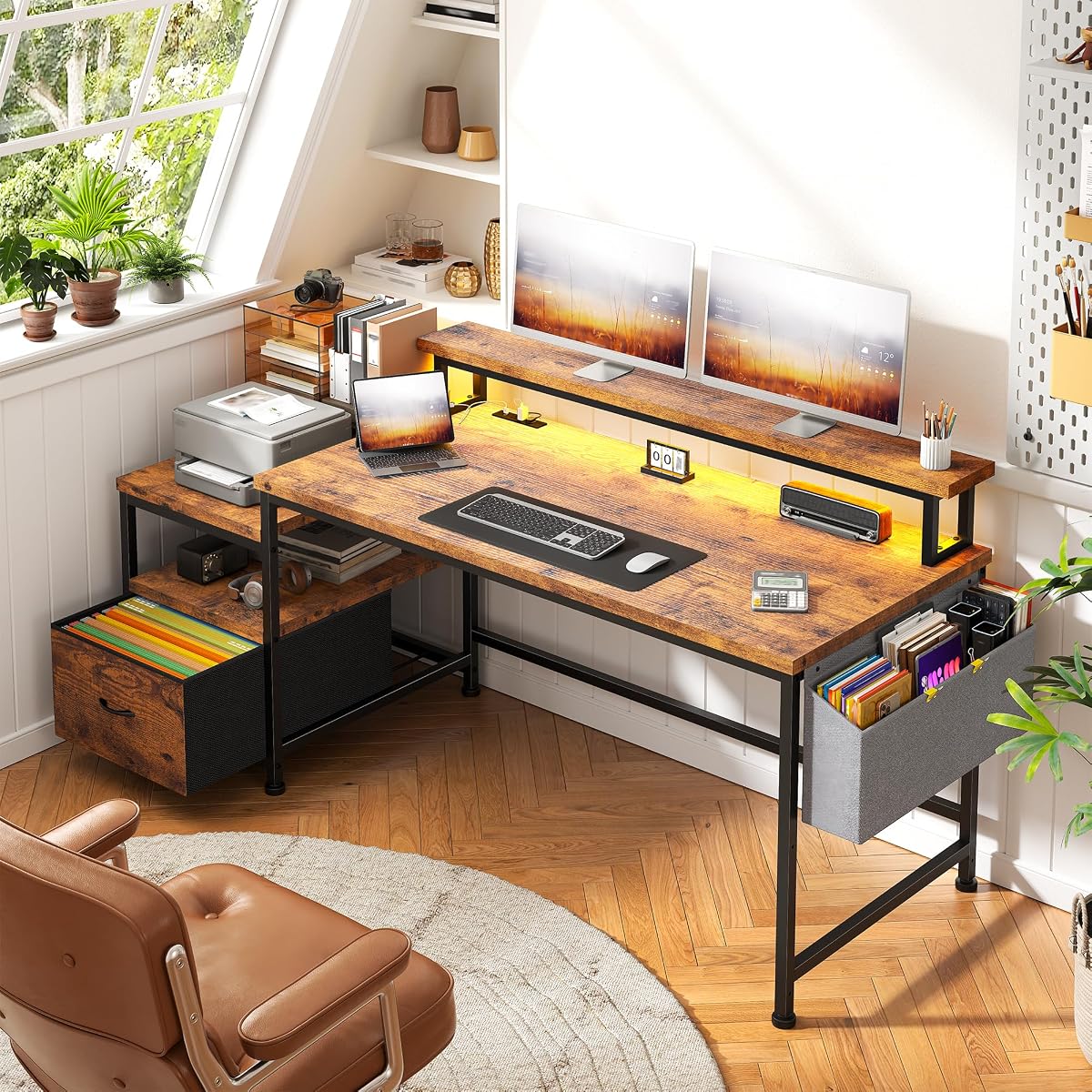 57" Office Desk with Drawers & Printer Space for Home Work,Brown