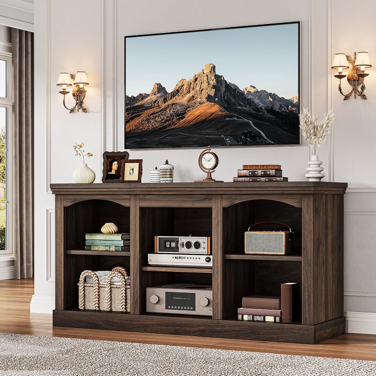 Farmhouse TV Stand with Cord Management for 65" TV, Walnut