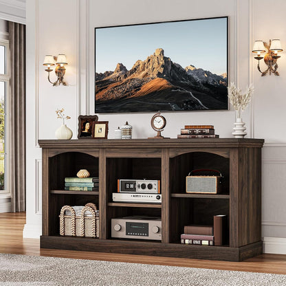 Farmhouse TV Stand with Cord Management for 65" TV, Walnut