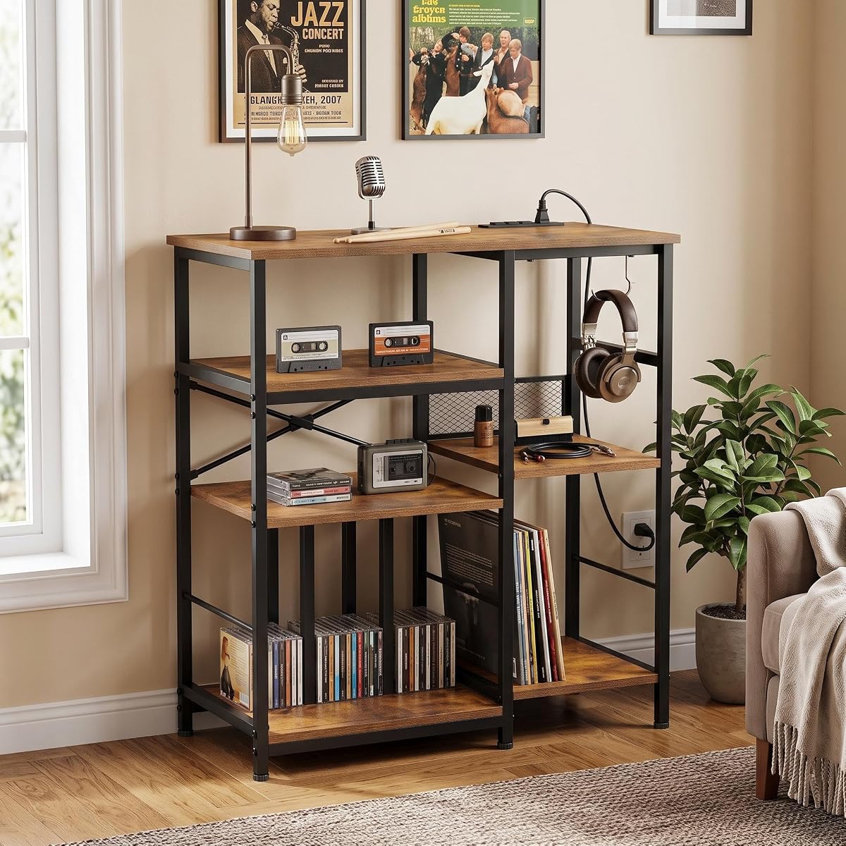 Record Player Stand with 300+ Vinyl Storage Shelves, Rustic Brown