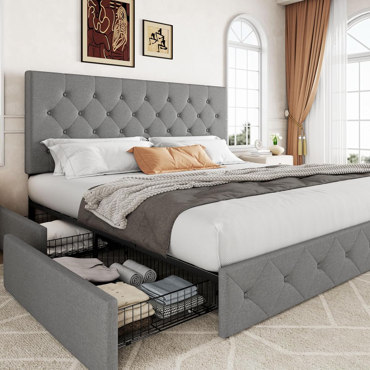 Upholstered King Size Platform Bed Frame with 4 Storage Drawers and Headboard