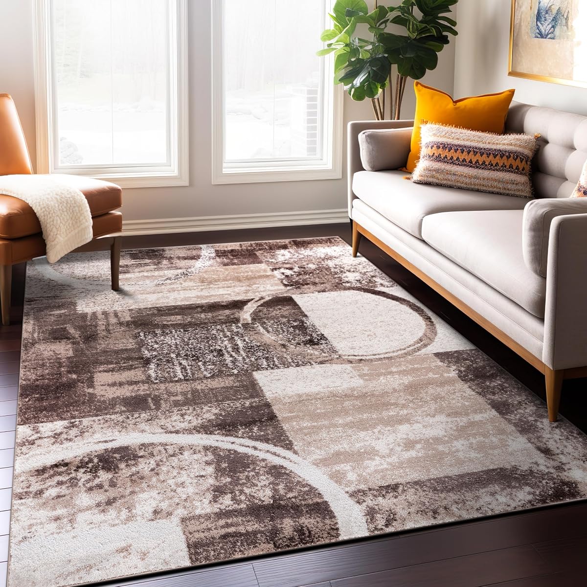Brown Contemporary Abstract Area Rug, Soft Indoor Carpet with Jute Backing, Non-Shedding Distressed Geometric Circle Design for Living Room, Bedroom, Dining Room and Home Office, 5'3" x 7'3"
