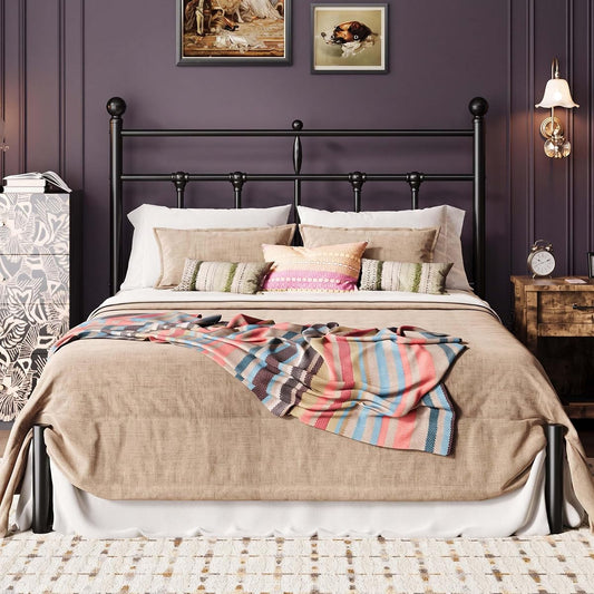 Full Size Metal Platform Bed Frame with Victorian Vintage Headboard/Under Bed