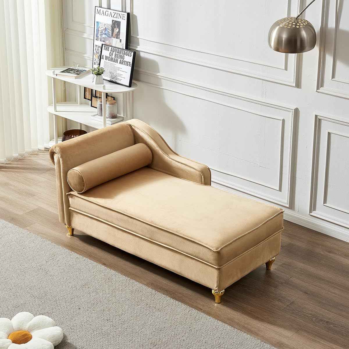 Modern Upholstery Chaise Lounge Chair with Storage, Velvet (Khaki)