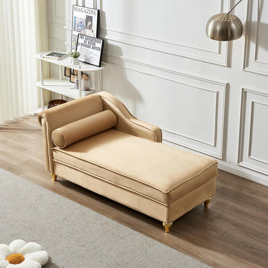 Modern Upholstery Chaise Lounge Chair with Storage, Velvet (Khaki)