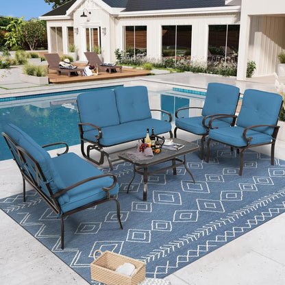 5 Pcs(6 Seats) Outdoor Metal Furniture Sets Wrought Iron Patio Conversation Sets, (Glider, 2 Single Chairs, Loveseat, and Coffee Table) with Cushion (Peacock Blue)